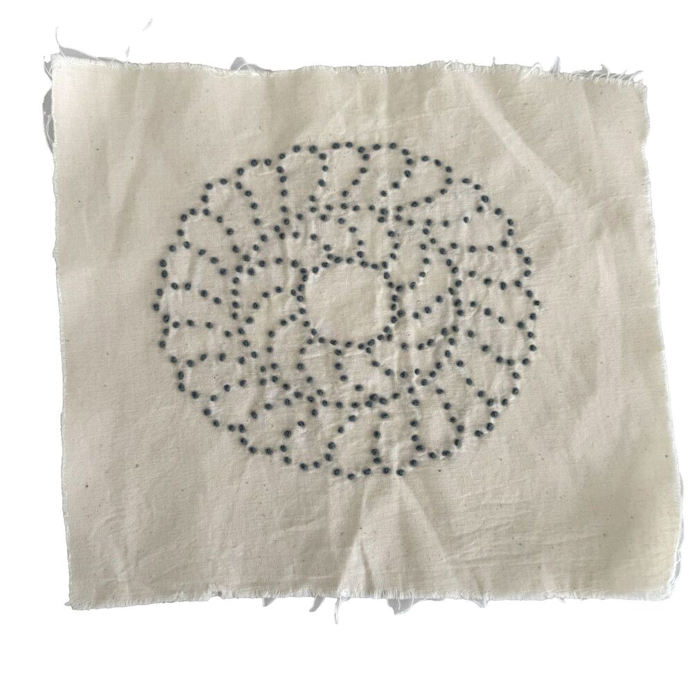 Vtg COMPLETED Candlewicking French Knot Flower Dusty Blue Quilt Block 10x10"